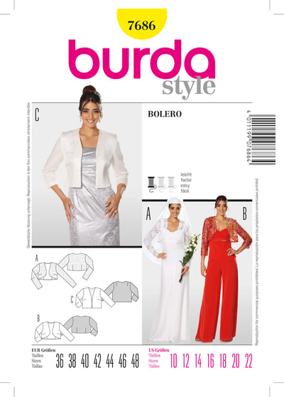 The product "Pattern - Burda - 7686 - Burda Style, Bolero" from Super Cheap Fabrics showcases models in a stylish ensemble with a white bolero jacket worn over a dress and an eye-catching red jumpsuit. The pattern cover also includes illustrations of the pattern pieces and sizing information at the bottom.