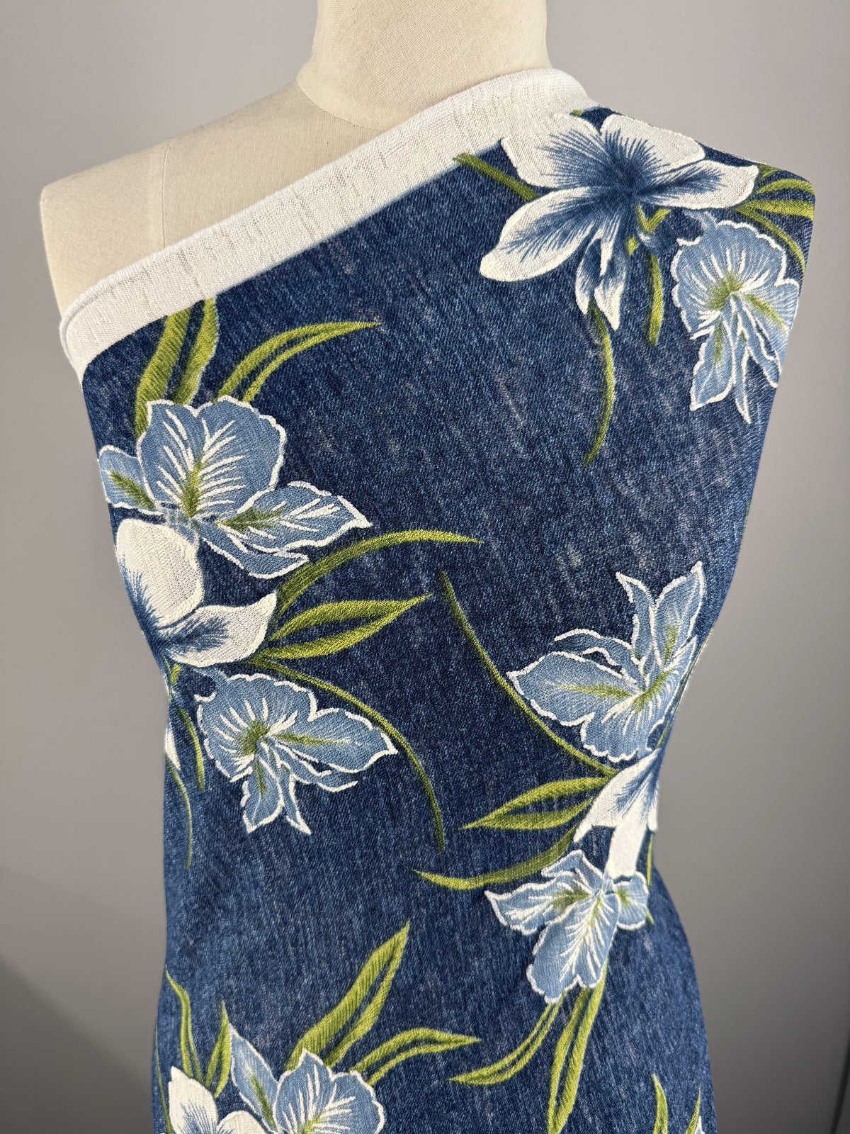 Denim Hibiscus textured knit fabric