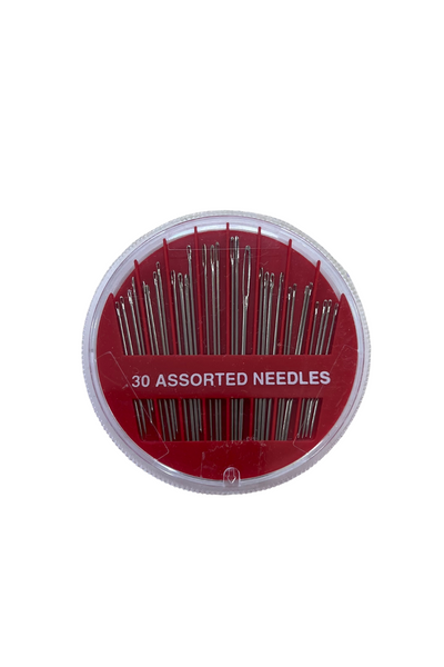 A round container with a red background holding 30 assorted Hand Sewing Needles of various lengths and eye sizes. The transparent container features the label "Super Cheap Fabrics Hand Sewing Needles" in white text across the front.