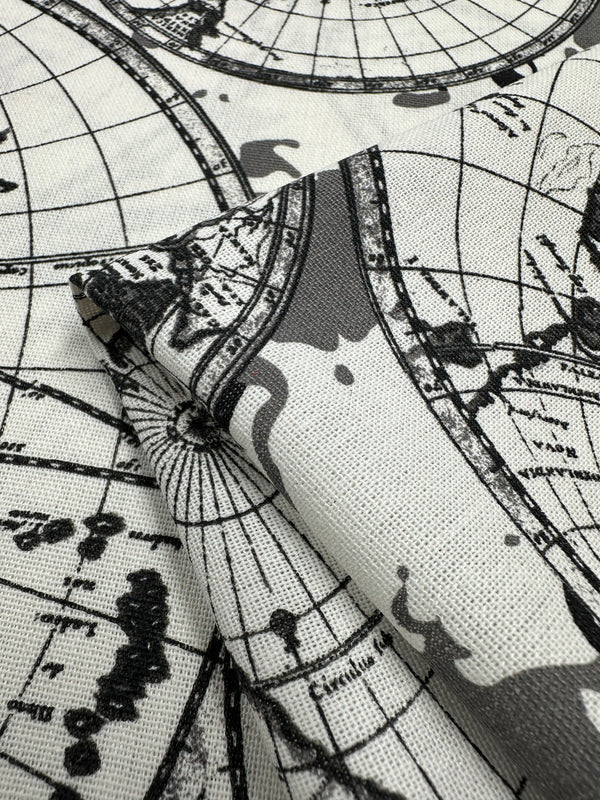 Printed Linen Blend - Globe Sketch - 140cm