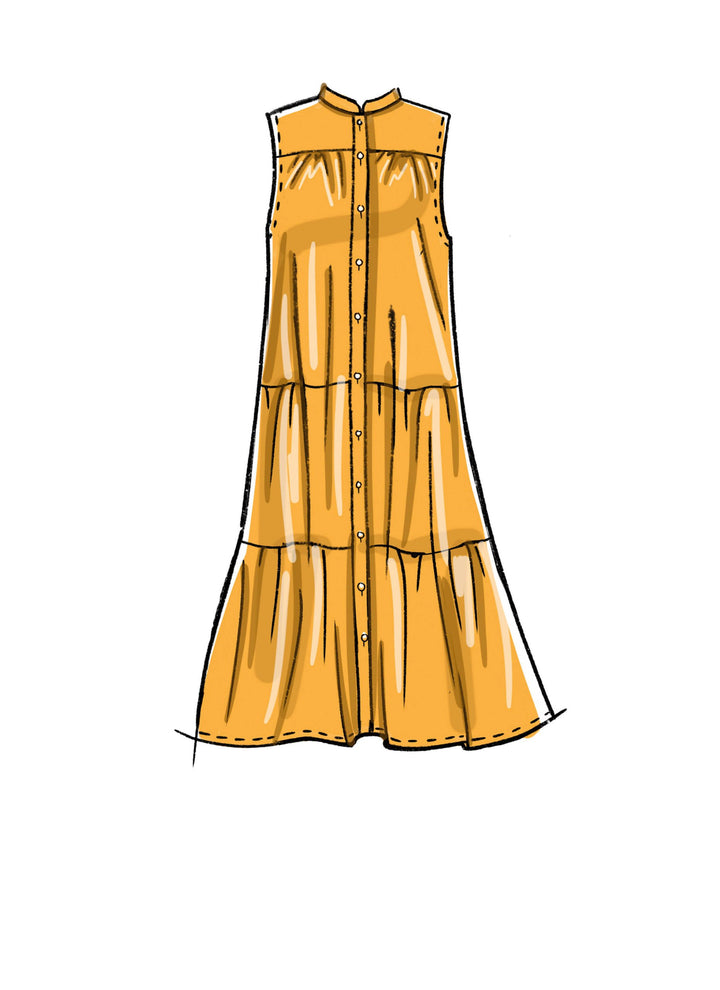 Illustration of a stylish collar and tiered design button-down sleeveless shirtdress in yellow, created using the Pattern - Mccall's - M8285 - Misses’ Top and Dresses by Super Cheap Fabrics.