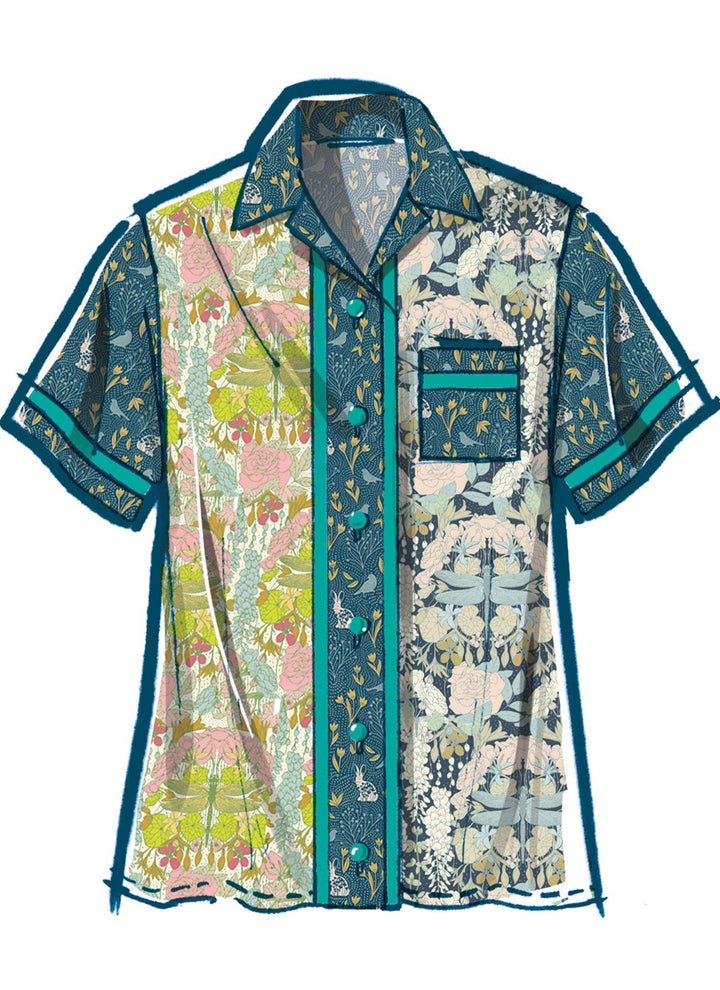 This depiction showcases a short-sleeved top embellished with an array of floral and plant motifs. Made from Lycra, this piece includes turquoise embellishments and buttons, a solitary chest pocket, and a blend of assorted floral patterns in soft pastel and muted shades. Brought to you by the brand Super Cheap Fabrics under the product design Mccall's - M8395 - Misses’ Dress, Top and Trousers.