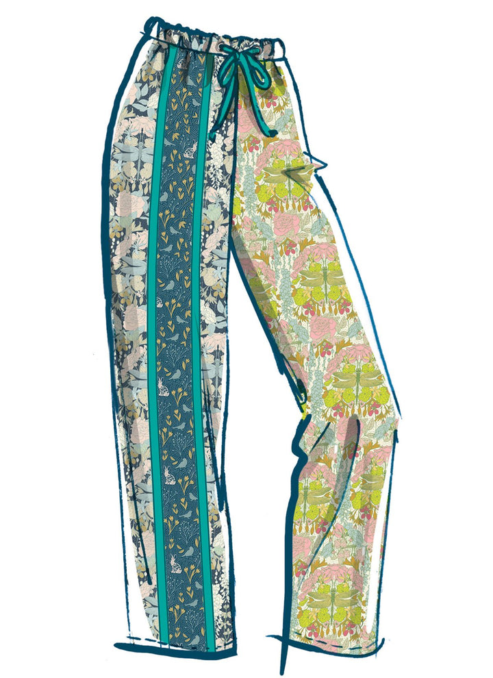 Illustration of a pair of wide-leg trousers from the Mccall's Pattern M8395 collection by Super Cheap Fabrics, featuring a drawstring waist and adorned with a patchwork design. The trousers display a harmonious blend of teal, blue, green, and pink floral patterns across vertical panels, crafted from soft Lycra for enhanced comfort and flexibility.