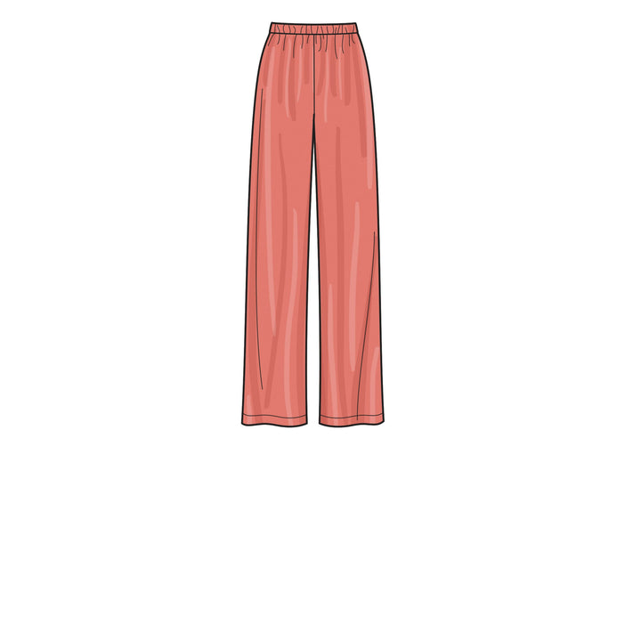 The image showcases the Super Cheap Fabrics' Pattern - New Look - 6736, highlighting the Misses’ high-waisted, wide-leg trousers in a salmon pink hue. They feature an elastic waistband made from stretch fabrics and are set against a plain white backdrop.