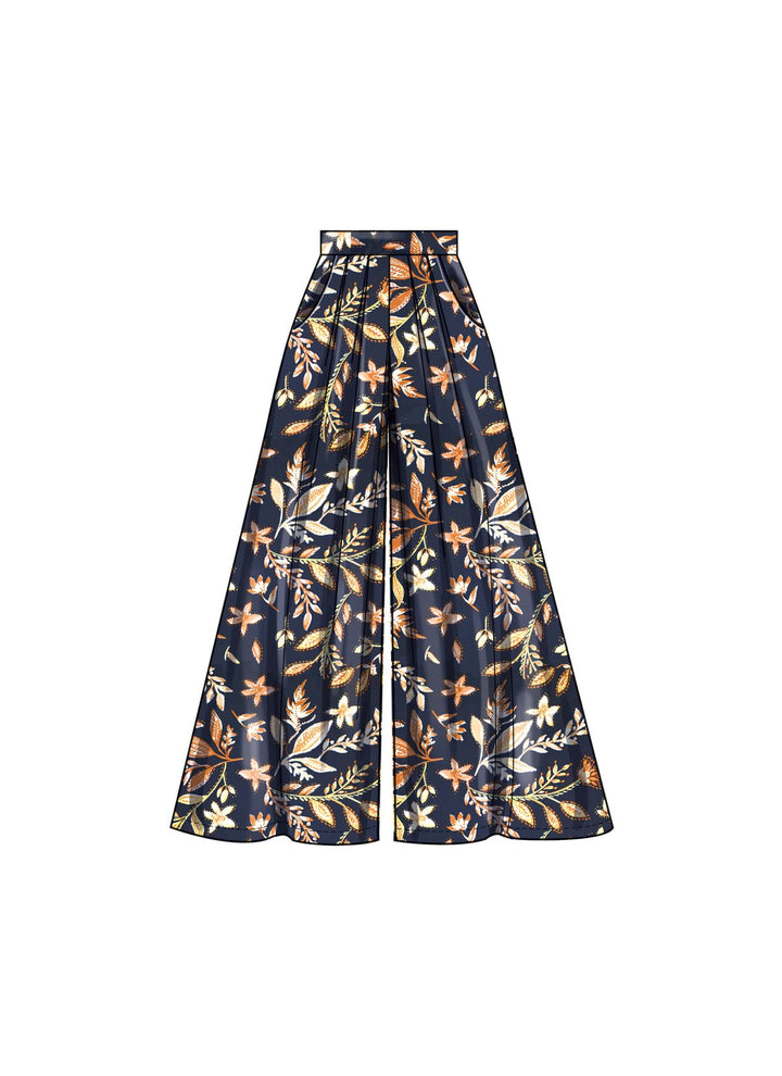 A stylish, high-waisted skirt with wide pleats features a dark base adorned with intricate floral and leaf patterns in shades of orange, yellow, and white. It's an ideal complement to halter-neck draped tops. This ensemble captures the essence of the Pattern - New Look - 6756 - Misses’ Shorts and Trousers by Super Cheap Fabrics.