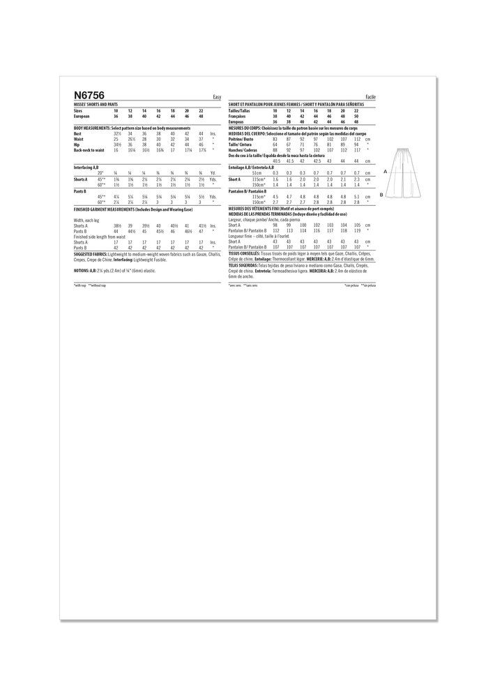 Displayed is an instruction sheet for the Pattern - New Look - 6756 - Misses' Shorts and Trousers by Super Cheap Fabrics. The sheet features measurements and sizes for creating these garments. Detailed sewing instructions are provided alongside a small skirt diagram on the right side of the sheet to guide you through each step.