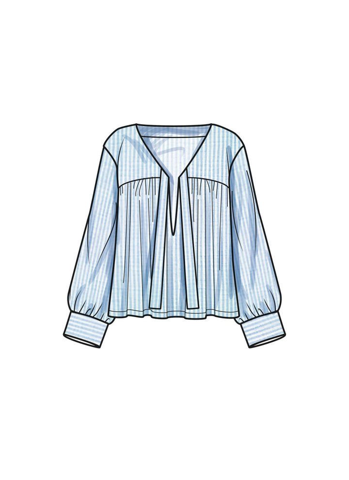 Illustration of the Simplicity 9928 Misses’ Lounge Top by Super Cheap Fabrics, showcasing a blue and white vertically striped blouse with a V-neck, long puffy sleeves, and a comfortable loose fit. This top is enhanced with a front pleat detail for an elegant flowy design, making it an ideal match with your favorite wide-brim hat.