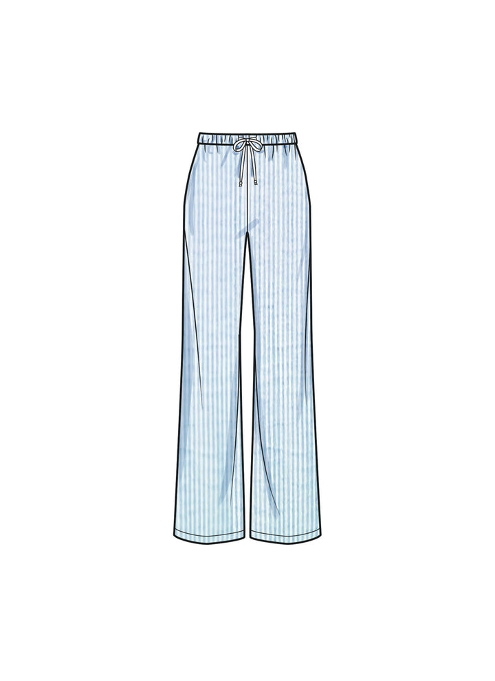 Illustration of the Simplicity 9928 Misses’ Lounge Trousers by Super Cheap Fabrics, featuring light blue, wide-leg pants with white vertical stripes and an adjustable drawstring waistband, paired with a coordinating wide brim hat, set against a white background.