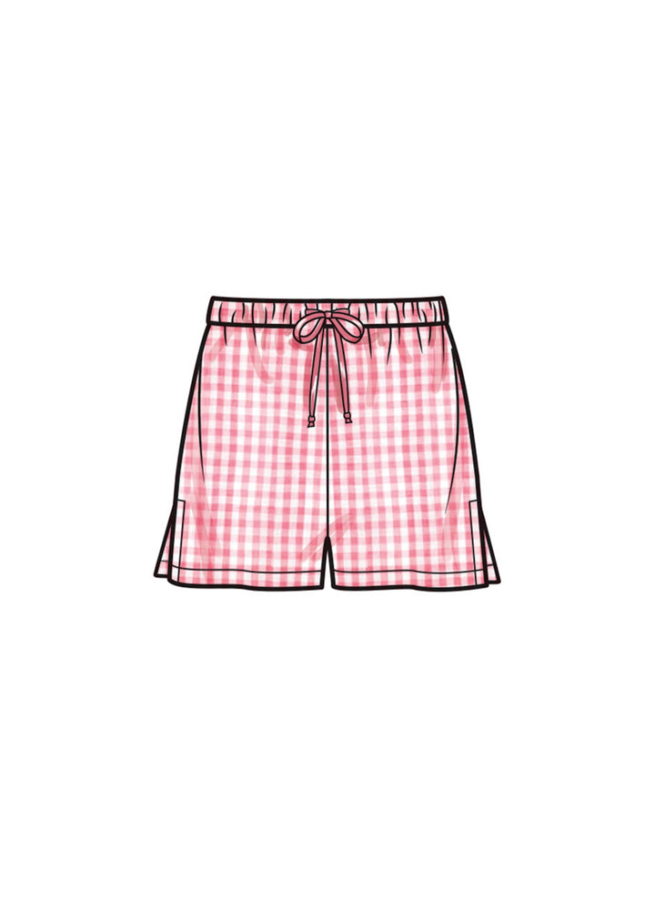 Illustration of Misses’ Lounge Shorts from the Super Cheap Fabrics collection, crafted with a charming pink and white checkered pattern and defined by a sleek black outline. These shorts, part of the Pattern - Simplicity - 9928 series, boast a practical drawstring waist and stylish side slits, making them an ideal companion for lounging under the sun alongside a wide-brim hat.