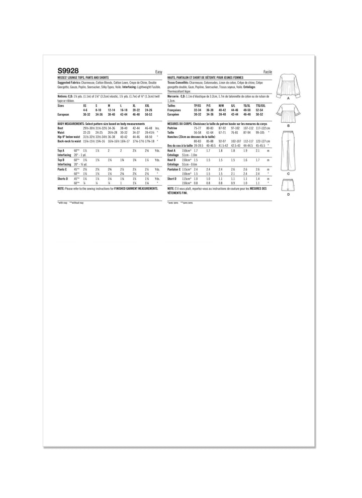 An instruction sheet for Pattern - Simplicity - 9928 by Super Cheap Fabrics, featuring measurements for misses’ lounge tops, trousers, and shorts. Includes a size chart with various measurements and is illustrated with small line drawings of the clothing pieces on the right side.