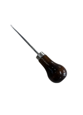 A Scratch Awl with a wooden, bulb-shaped handle and a long, thin, metal pointed end from Super Cheap Fabrics, often used in leatherworking and woodworking for marking or making small holes. Ideal for pattern making and transferring marks with precision.