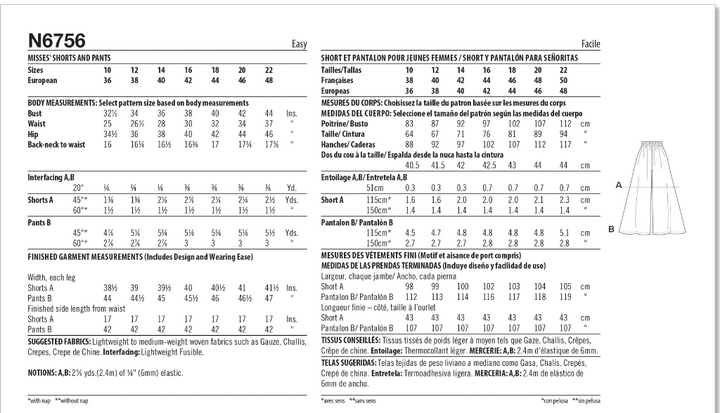 Here is an image of the pattern instructions for the Super Cheap Fabrics' "New Look" 6756, which includes measurements and fabric recommendations for making misses' shorts and pull-on trousers in multiple sizes. The instructions are available in English, French, and Spanish, accompanied by a garment sketch.