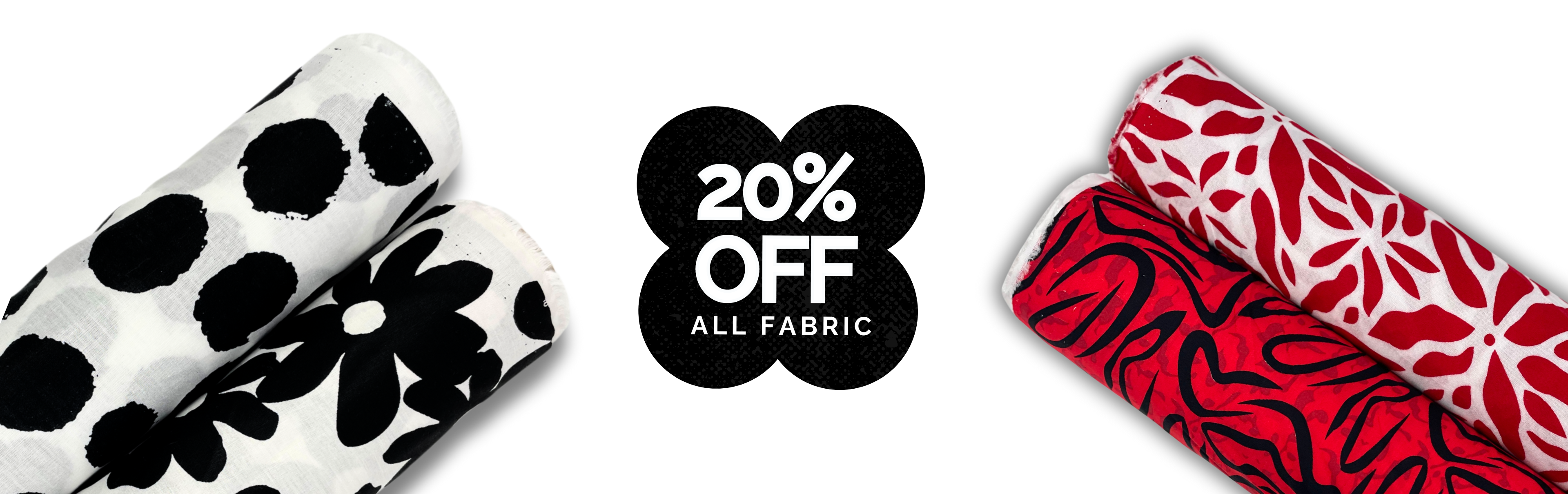 Banner announcing a 20% Off Sale on All Fabrics at Super Cheap Fabrics, featuring new arrivals of fashion fabric at competitive prices, with a wide selection available.
