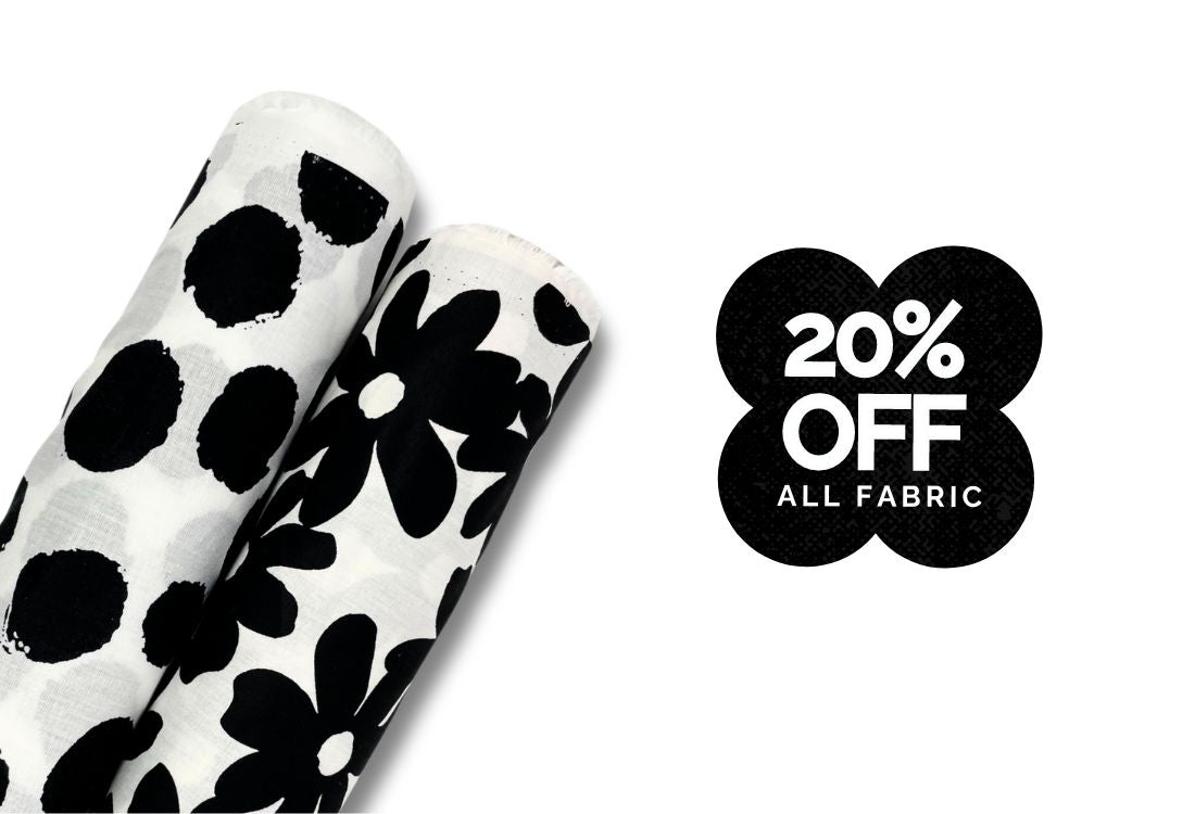Banner announcing a 20% Off Sale on All Fabrics at Super Cheap Fabrics, featuring new arrivals of fashion fabric at competitive prices, with a wide selection available.
