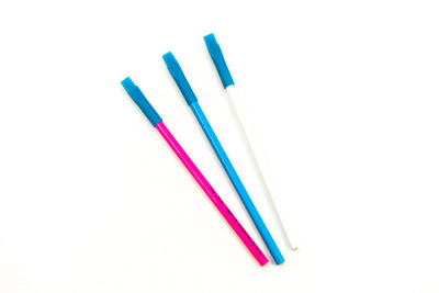 Three colorful Marking Pencil - Pinks from Super Cheap Fabrics are placed side by side on a white background. The handles of the pencils are blue, pink, and white, and the tips are all blue.