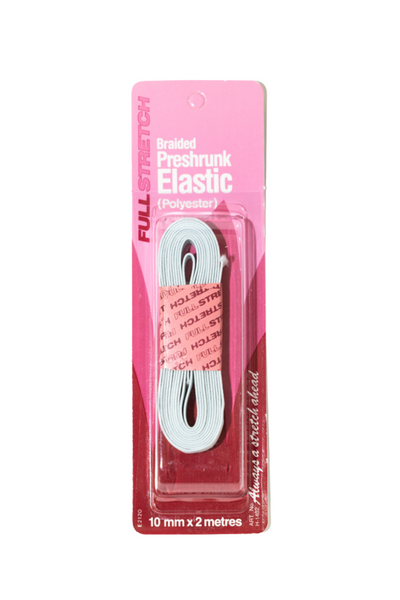 A pink and red packaging contains Braided Elastic - 10mm made of polyester by Super Cheap Fabrics, designed to be strong and durable. The white elastic measures 10 mm in width and 2 meters in length, perfect for waistbands, and is coiled inside the transparent section of the packaging.