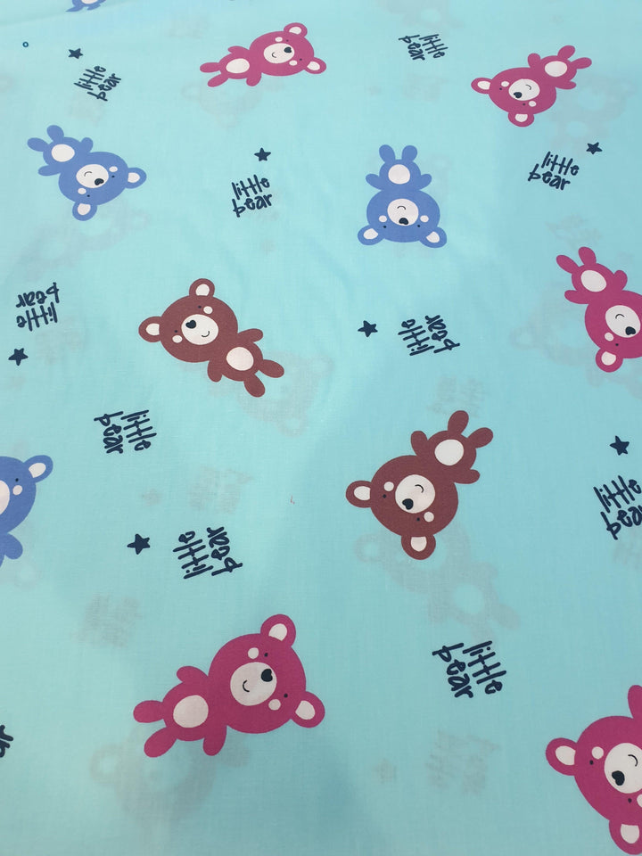 Teddy Bear Print Cotton Fabric - Pink, Blue and Brown Bears with Small Navy Stars on Light Blue Background 