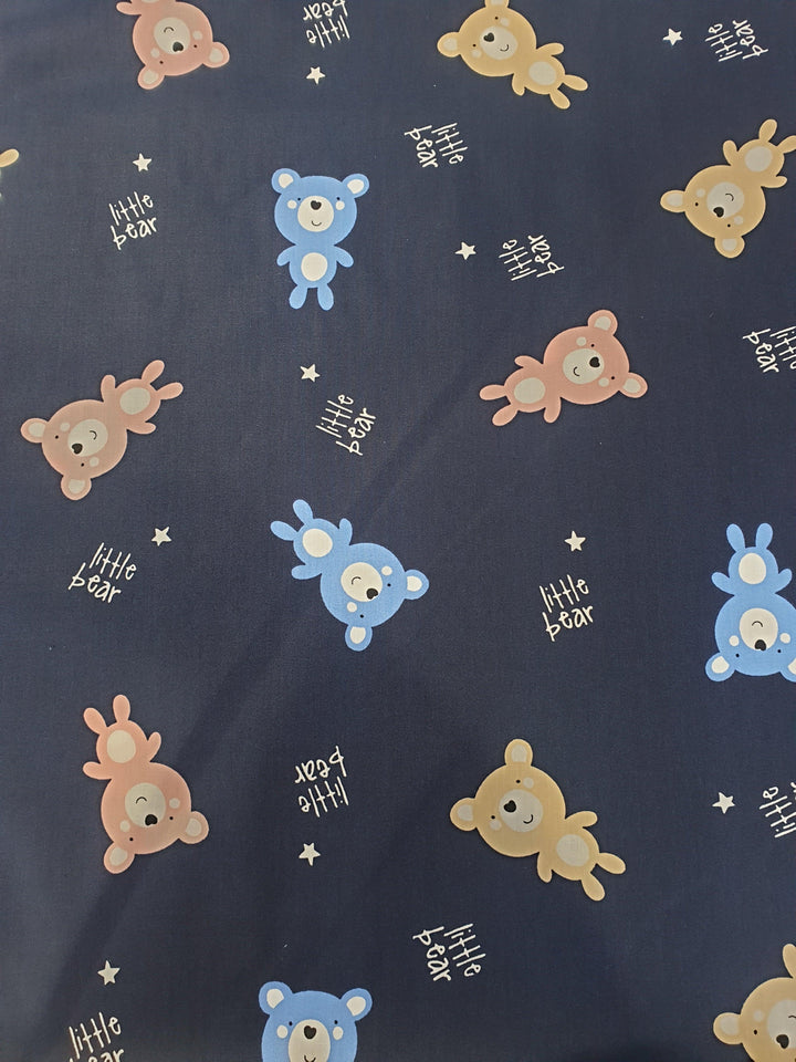 Teddy Bear Print Cotton Fabric - Blue and Brown Bears with Small Gold Stars on Navy Background  