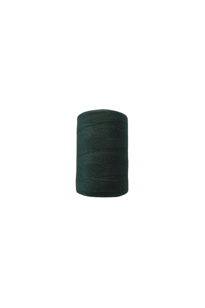 A close-up of a single dark green sewing thread spool. The cylindrical spool, made from spun polyester, features evenly wound thread and stands vertically against a plain white background, boasting a length of 1000 mtrs. The product is Thread - Bottle by Super Cheap Fabrics.