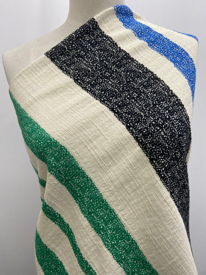 Textured Cotton with Yellow, Green, Blue and Black Stripes 